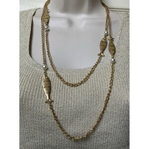 Gold tone Long Chain Statement Necklace Fish And Faux Pearl Accents 54"